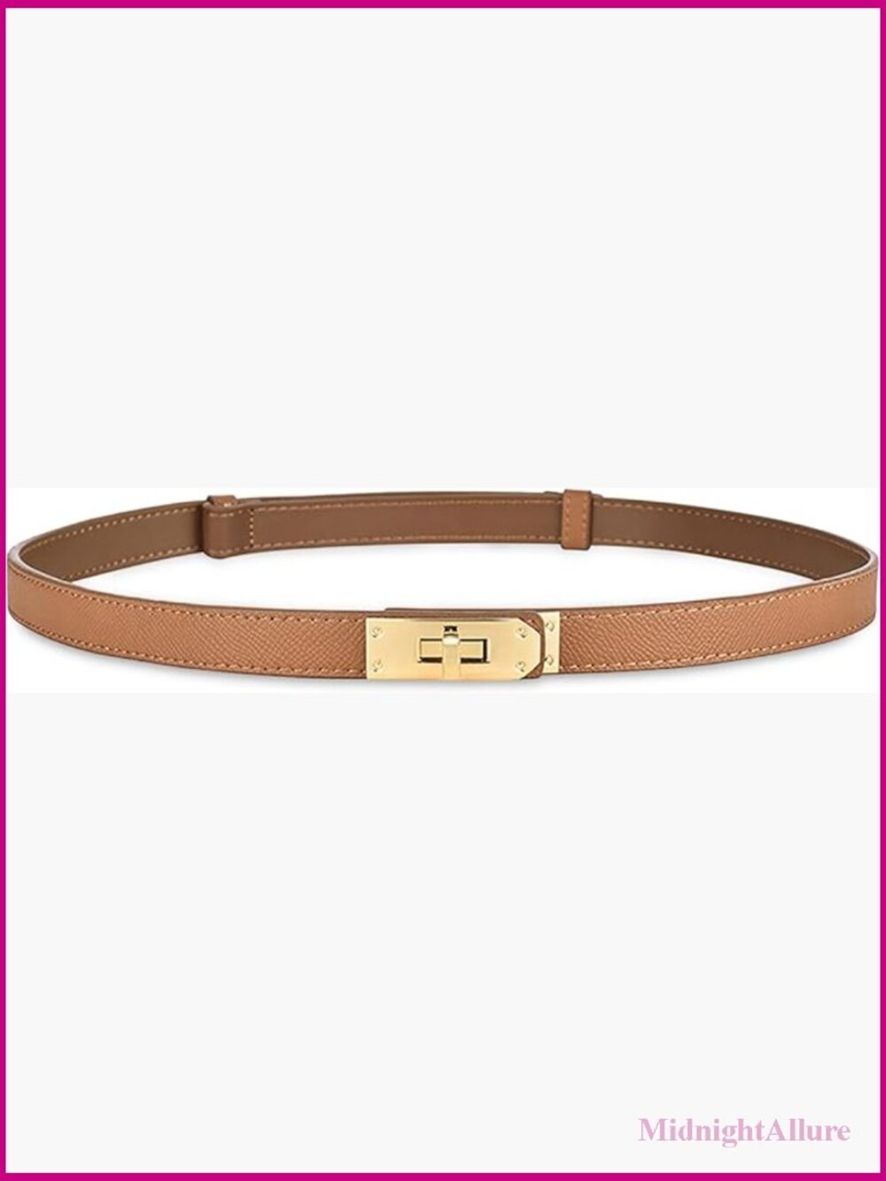 Skinny leather belt with golden turn-lock buckle for dresses, jeans, coats
